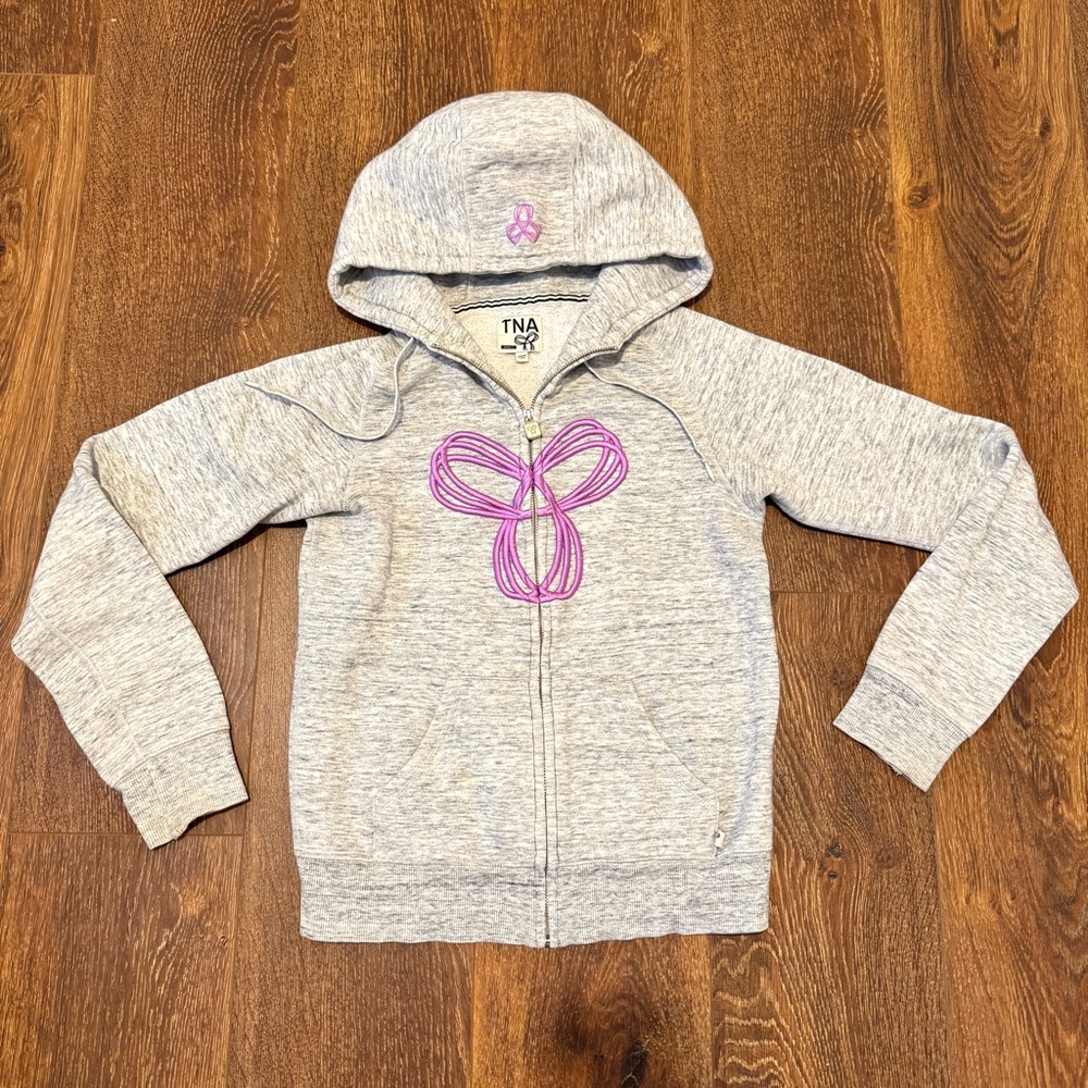 TNA Womens Grey Zip-up Hoodie with Pink Design Small